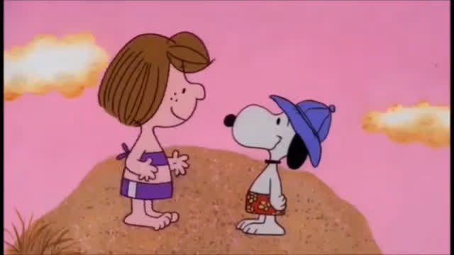 Snoopy, Come Home - Peppermint Patty and Snoopy relaxing at the beach with sunset