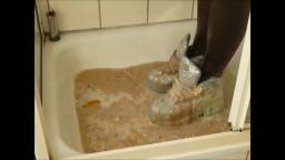 Jana crushes popcorn with her Buffalo boots silver glitter in the shower and fills, messy and washes